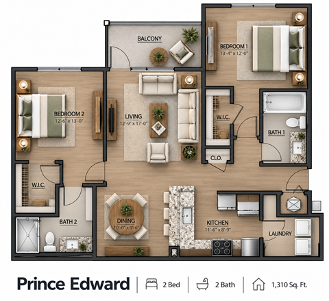 Floor plan for 2 beds, 2 baths, 1310 sqft